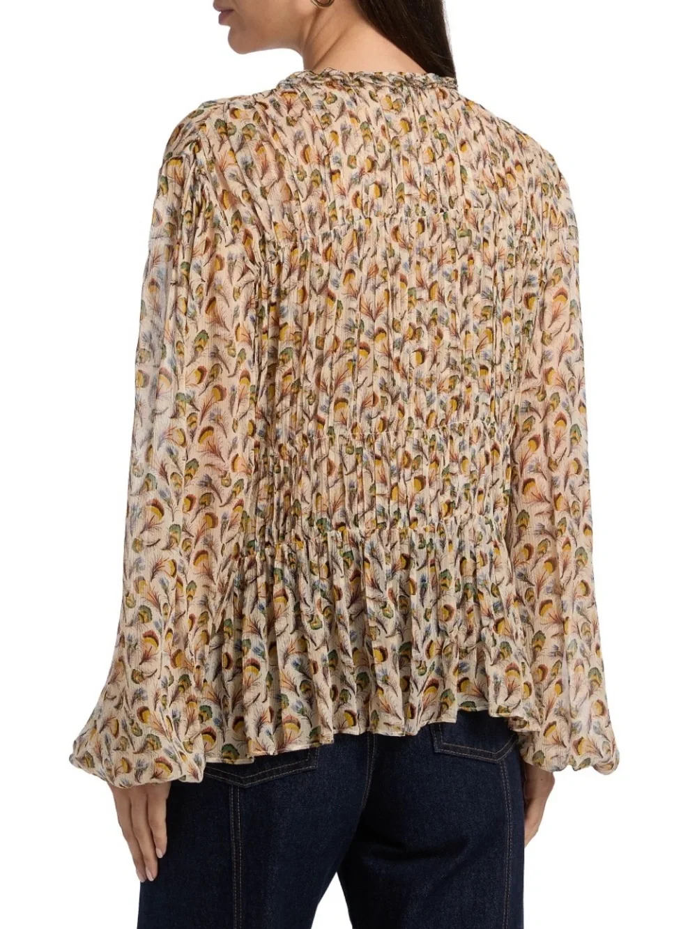 NWT $520 Ulla Johnson Robbie Feather-Print Silk Tie-Front Blouse